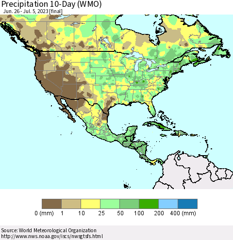 North America Precipitation 10-Day (WMO) Thematic Map For 6/26/2023 - 7/5/2023