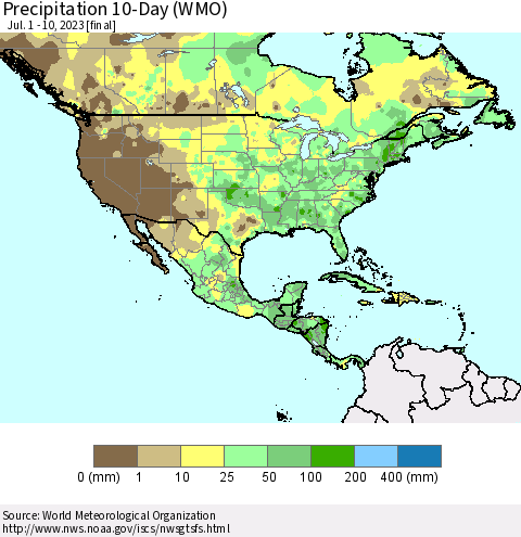 North America Precipitation 10-Day (WMO) Thematic Map For 7/1/2023 - 7/10/2023