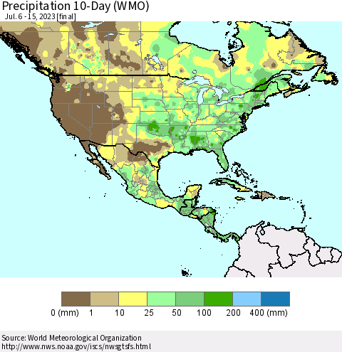 North America Precipitation 10-Day (WMO) Thematic Map For 7/6/2023 - 7/15/2023