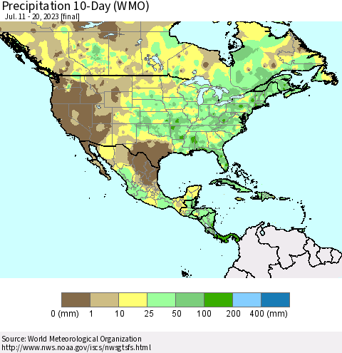 North America Precipitation 10-Day (WMO) Thematic Map For 7/11/2023 - 7/20/2023