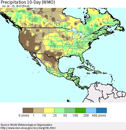 North America Precipitation 10-Day (WMO) Thematic Map For 7/16/2023 - 7/25/2023