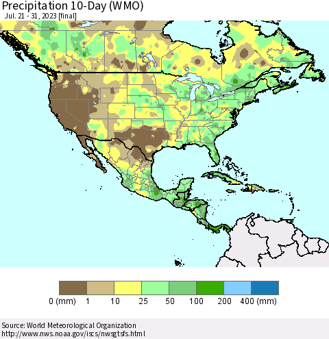 North America Precipitation 10-Day (WMO) Thematic Map For 7/21/2023 - 7/31/2023