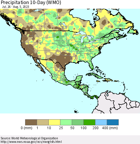 North America Precipitation 10-Day (WMO) Thematic Map For 7/26/2023 - 8/5/2023