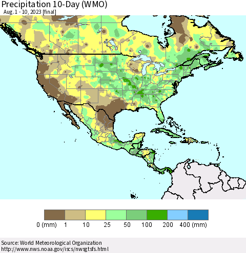 North America Precipitation 10-Day (WMO) Thematic Map For 8/1/2023 - 8/10/2023