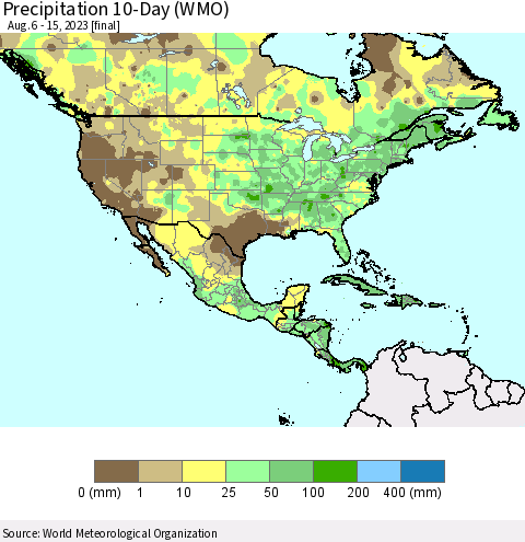North America Precipitation 10-Day (WMO) Thematic Map For 8/6/2023 - 8/15/2023