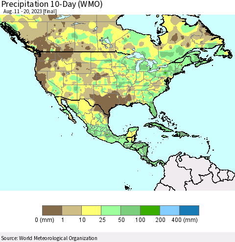 North America Precipitation 10-Day (WMO) Thematic Map For 8/11/2023 - 8/20/2023