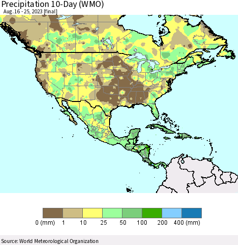 North America Precipitation 10-Day (WMO) Thematic Map For 8/16/2023 - 8/25/2023