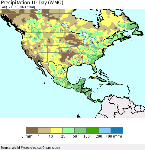 North America Precipitation 10-Day (WMO) Thematic Map For 8/21/2023 - 8/31/2023