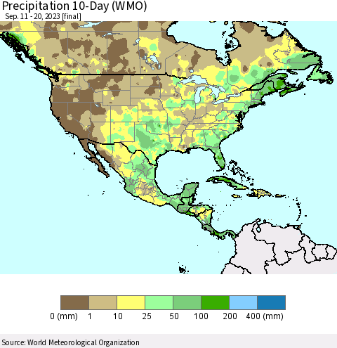 North America Precipitation 10-Day (WMO) Thematic Map For 9/11/2023 - 9/20/2023