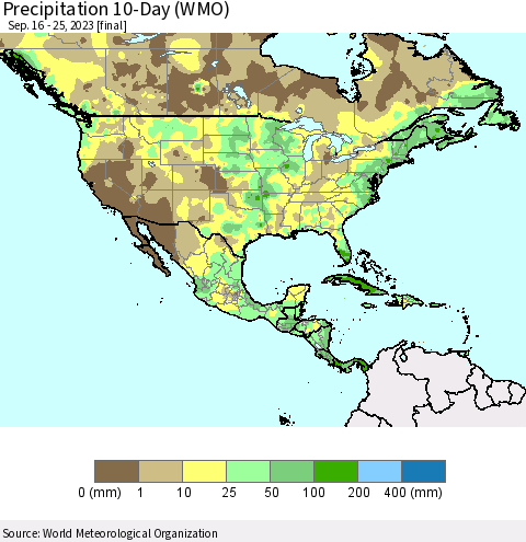 North America Precipitation 10-Day (WMO) Thematic Map For 9/16/2023 - 9/25/2023