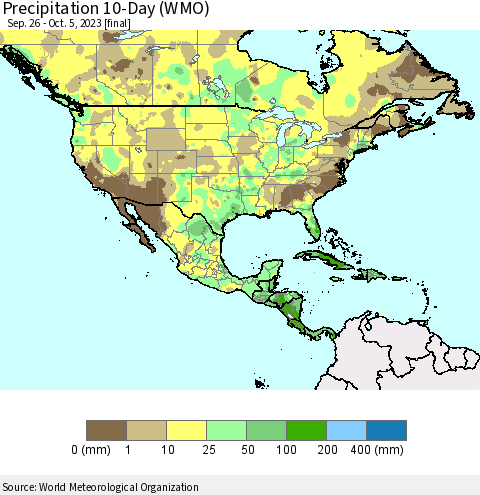 North America Precipitation 10-Day (WMO) Thematic Map For 9/26/2023 - 10/5/2023