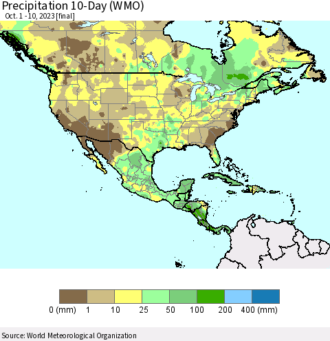 North America Precipitation 10-Day (WMO) Thematic Map For 10/1/2023 - 10/10/2023
