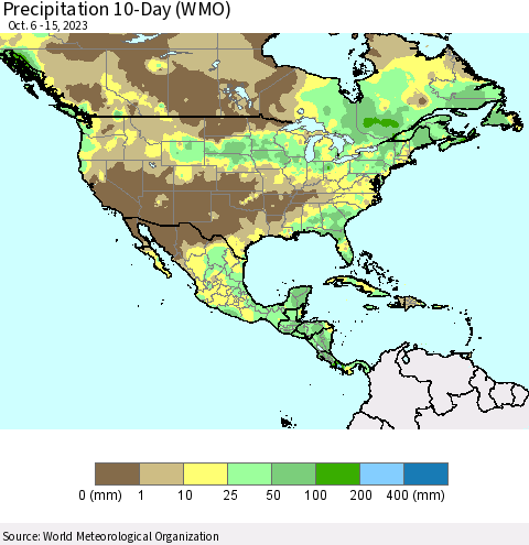North America Precipitation 10-Day (WMO) Thematic Map For 10/6/2023 - 10/15/2023