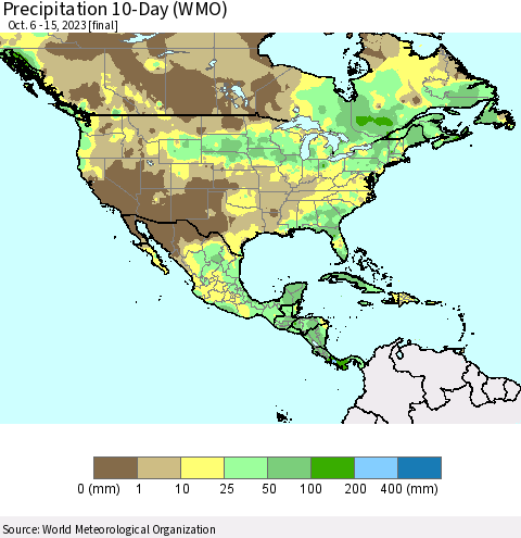 North America Precipitation 10-Day (WMO) Thematic Map For 10/6/2023 - 10/15/2023