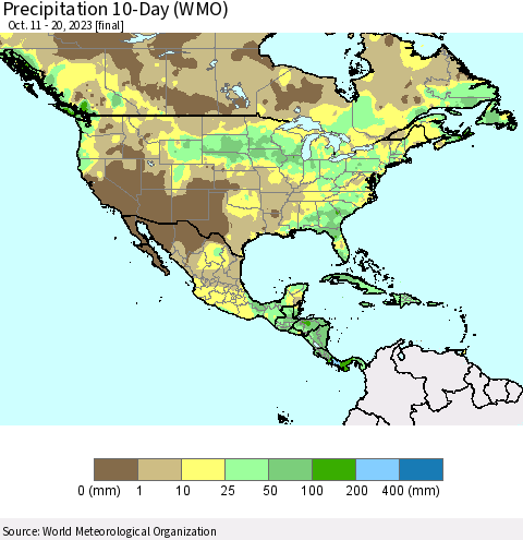North America Precipitation 10-Day (WMO) Thematic Map For 10/11/2023 - 10/20/2023