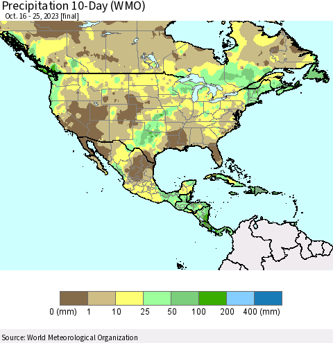 North America Precipitation 10-Day (WMO) Thematic Map For 10/16/2023 - 10/25/2023