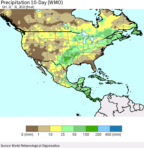 North America Precipitation 10-Day (WMO) Thematic Map For 10/21/2023 - 10/31/2023