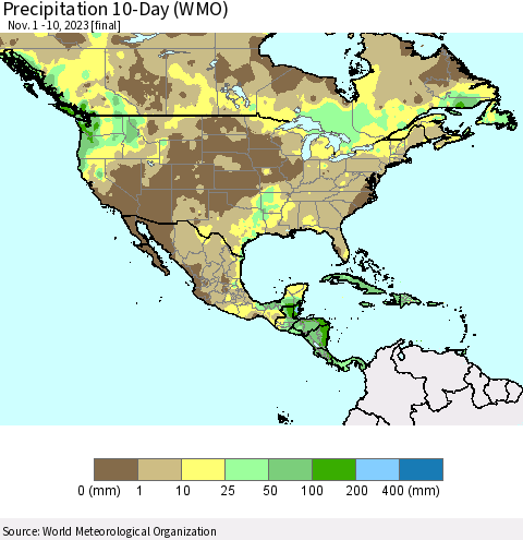 North America Precipitation 10-Day (WMO) Thematic Map For 11/1/2023 - 11/10/2023