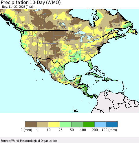 North America Precipitation 10-Day (WMO) Thematic Map For 11/11/2023 - 11/20/2023