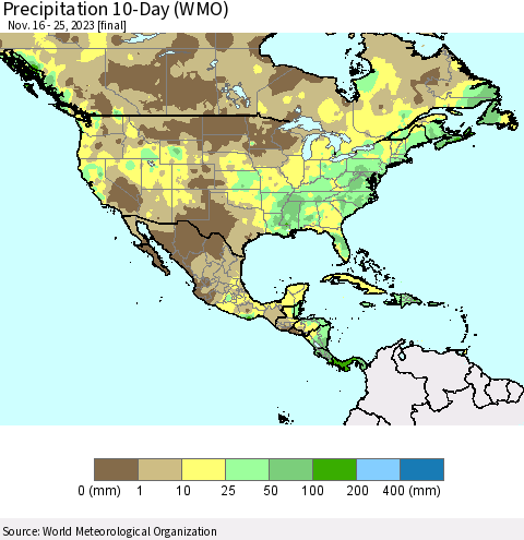 North America Precipitation 10-Day (WMO) Thematic Map For 11/16/2023 - 11/25/2023