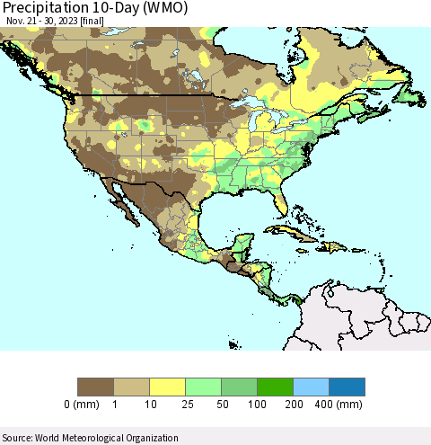 North America Precipitation 10-Day (WMO) Thematic Map For 11/21/2023 - 11/30/2023