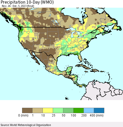 North America Precipitation 10-Day (WMO) Thematic Map For 11/26/2023 - 12/5/2023