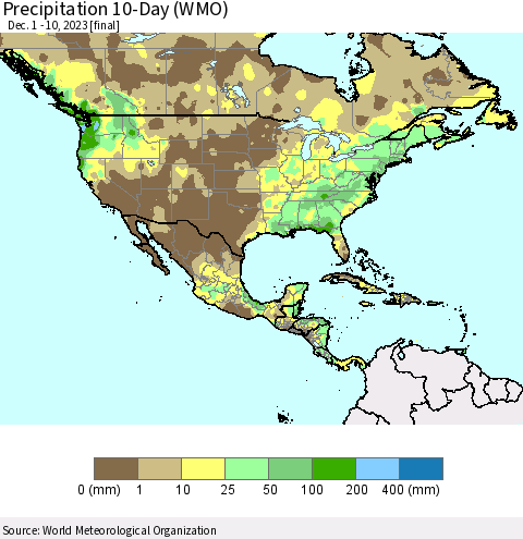 North America Precipitation 10-Day (WMO) Thematic Map For 12/1/2023 - 12/10/2023