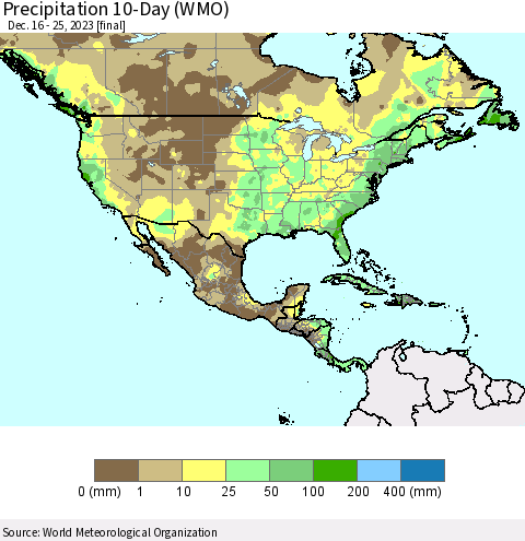 North America Precipitation 10-Day (WMO) Thematic Map For 12/16/2023 - 12/25/2023