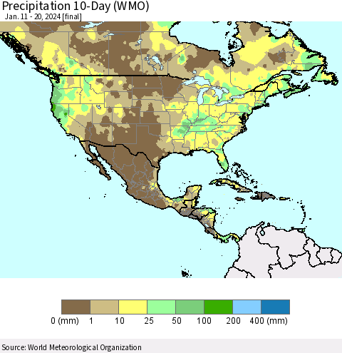 North America Precipitation 10-Day (WMO) Thematic Map For 1/11/2024 - 1/20/2024