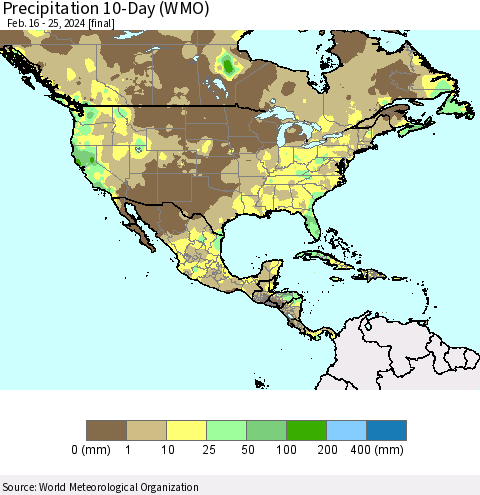 North America Precipitation 10-Day (WMO) Thematic Map For 2/16/2024 - 2/25/2024