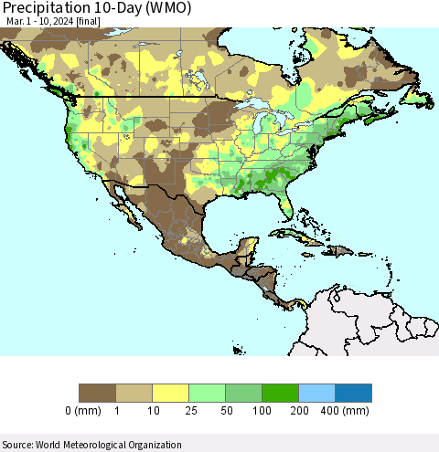 North America Precipitation 10-Day (WMO) Thematic Map For 3/1/2024 - 3/10/2024