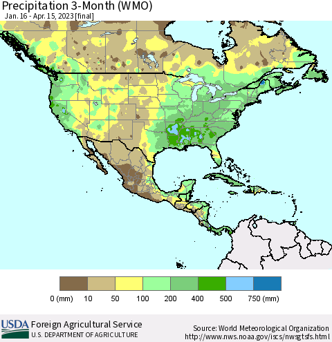 North America Precipitation 3-Month (WMO) Thematic Map For 1/16/2023 - 4/15/2023