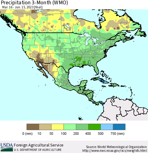 North America Precipitation 3-Month (WMO) Thematic Map For 3/16/2023 - 6/15/2023