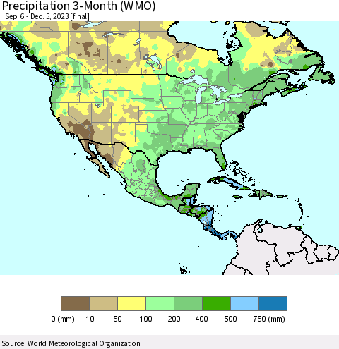 North America Precipitation 3-Month (WMO) Thematic Map For 9/6/2023 - 12/5/2023