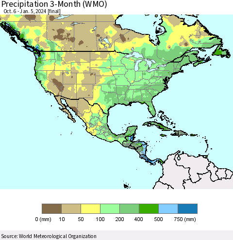 North America Precipitation 3-Month (WMO) Thematic Map For 10/6/2023 - 1/5/2024