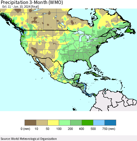 North America Precipitation 3-Month (WMO) Thematic Map For 10/11/2023 - 1/10/2024