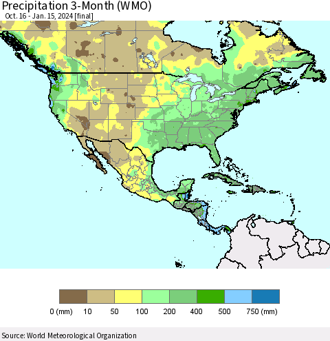 North America Precipitation 3-Month (WMO) Thematic Map For 10/16/2023 - 1/15/2024