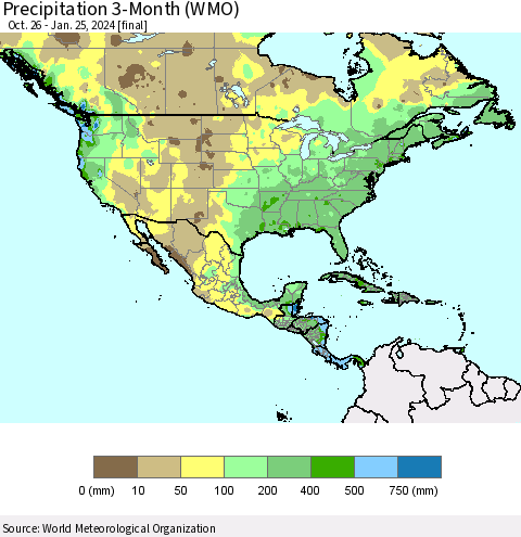 North America Precipitation 3-Month (WMO) Thematic Map For 10/26/2023 - 1/25/2024