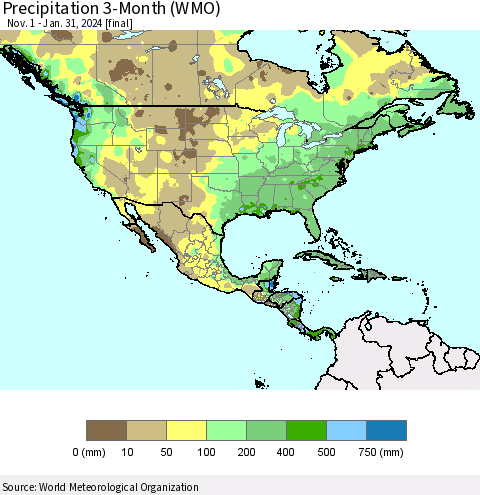 North America Precipitation 3-Month (WMO) Thematic Map For 11/1/2023 - 1/31/2024