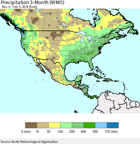 North America Precipitation 3-Month (WMO) Thematic Map For 11/6/2023 - 2/5/2024