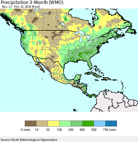 North America Precipitation 3-Month (WMO) Thematic Map For 11/11/2023 - 2/10/2024