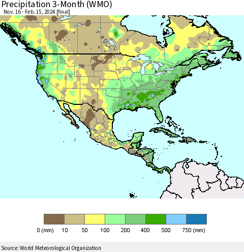 North America Precipitation 3-Month (WMO) Thematic Map For 11/16/2023 - 2/15/2024