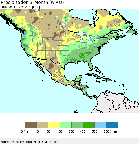 North America Precipitation 3-Month (WMO) Thematic Map For 11/26/2023 - 2/25/2024