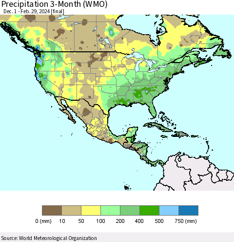North America Precipitation 3-Month (WMO) Thematic Map For 12/1/2023 - 2/29/2024