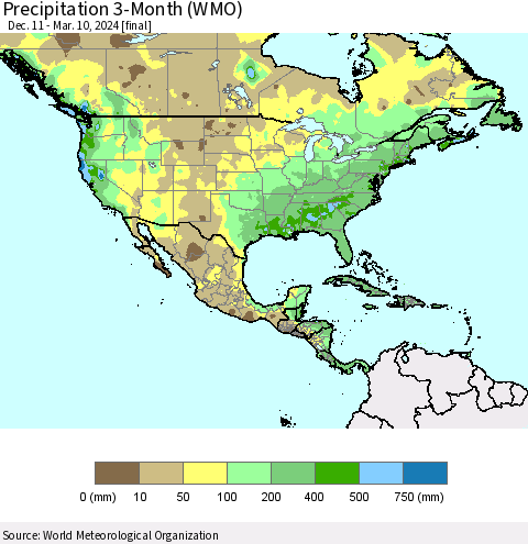 North America Precipitation 3-Month (WMO) Thematic Map For 12/11/2023 - 3/10/2024