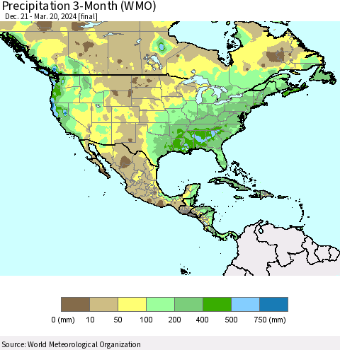 North America Precipitation 3-Month (WMO) Thematic Map For 12/21/2023 - 3/20/2024
