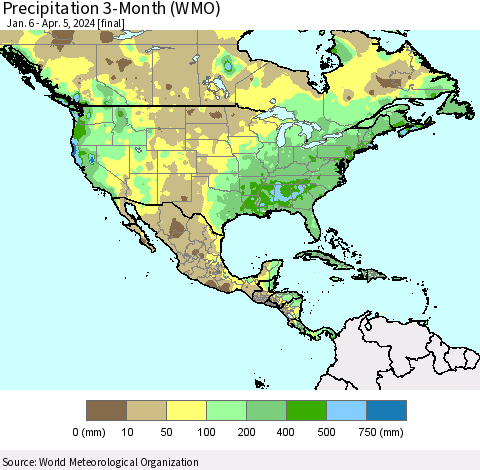 North America Precipitation 3-Month (WMO) Thematic Map For 1/6/2024 - 4/5/2024