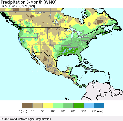 North America Precipitation 3-Month (WMO) Thematic Map For 1/11/2024 - 4/10/2024