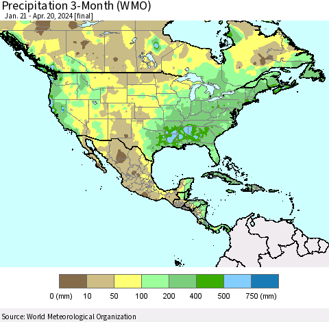 North America Precipitation 3-Month (WMO) Thematic Map For 1/21/2024 - 4/20/2024