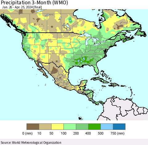 North America Precipitation 3-Month (WMO) Thematic Map For 1/26/2024 - 4/25/2024